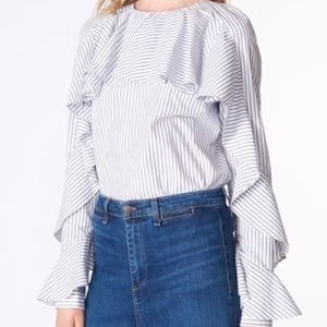 Veronica Beard Mia navy blue and white striped ruffled blouse.